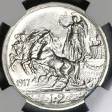 1917 NGC MS 61 Italy 2 Lire Horses & Chariot Silver Mint State Key Date Coin (21091005C)