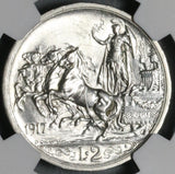 1917 NGC MS 61 Italy 2 Lire Horses & Chariot Silver Mint State Key Date Coin (21091005C)