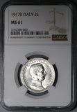 1917 NGC MS 61 Italy 2 Lire Horses & Chariot Silver Mint State Key Date Coin (21091005C)
