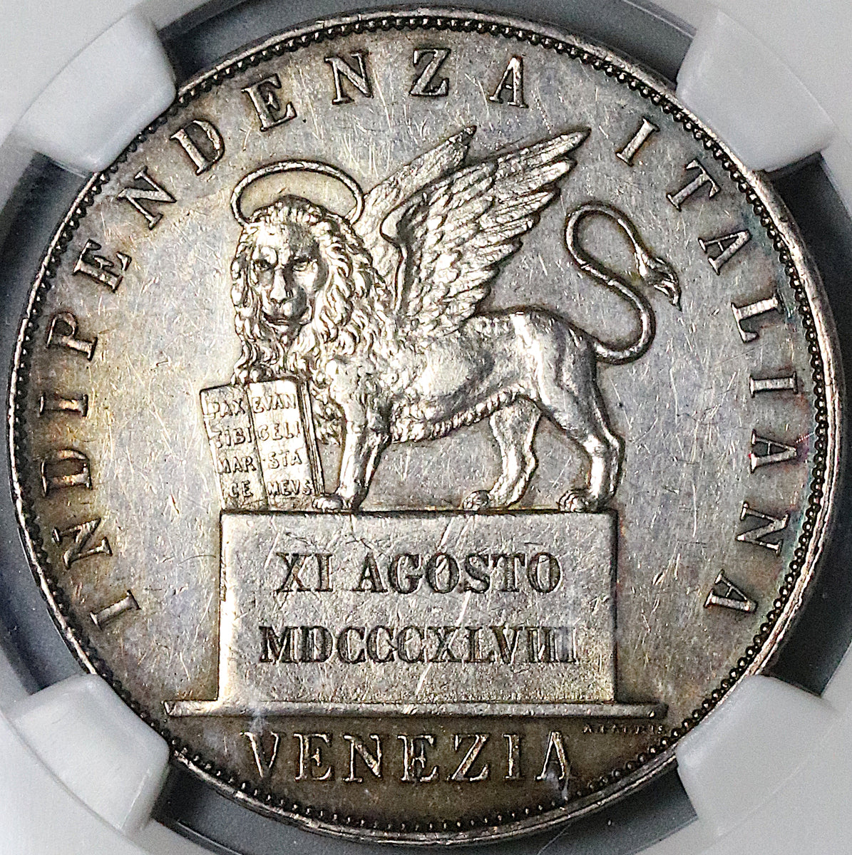 1848 NGC XF 45 Venice 5 Lire Italy State Lion Revolution
