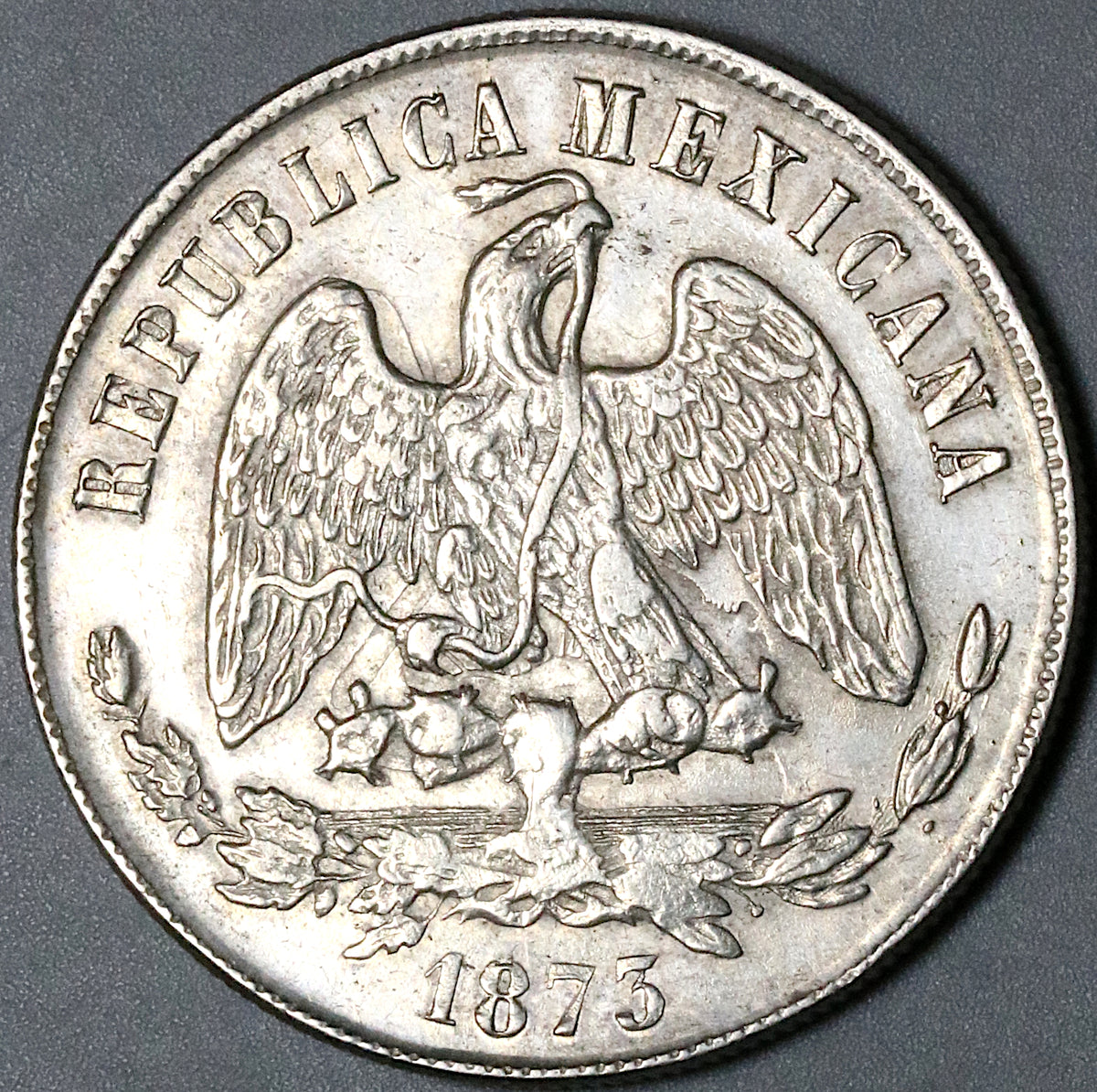1873-Pi Mexico 1 Peso Potosi Mint Balance Scale Key AU Silver Coin