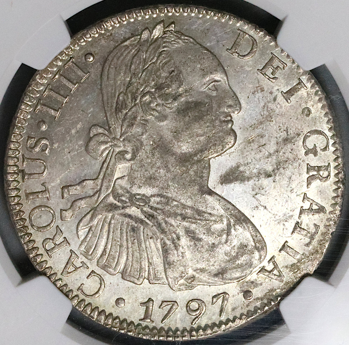 1797 NGC MS 62 Mexico 8 Reales Charles IV Pillars Silver Coin