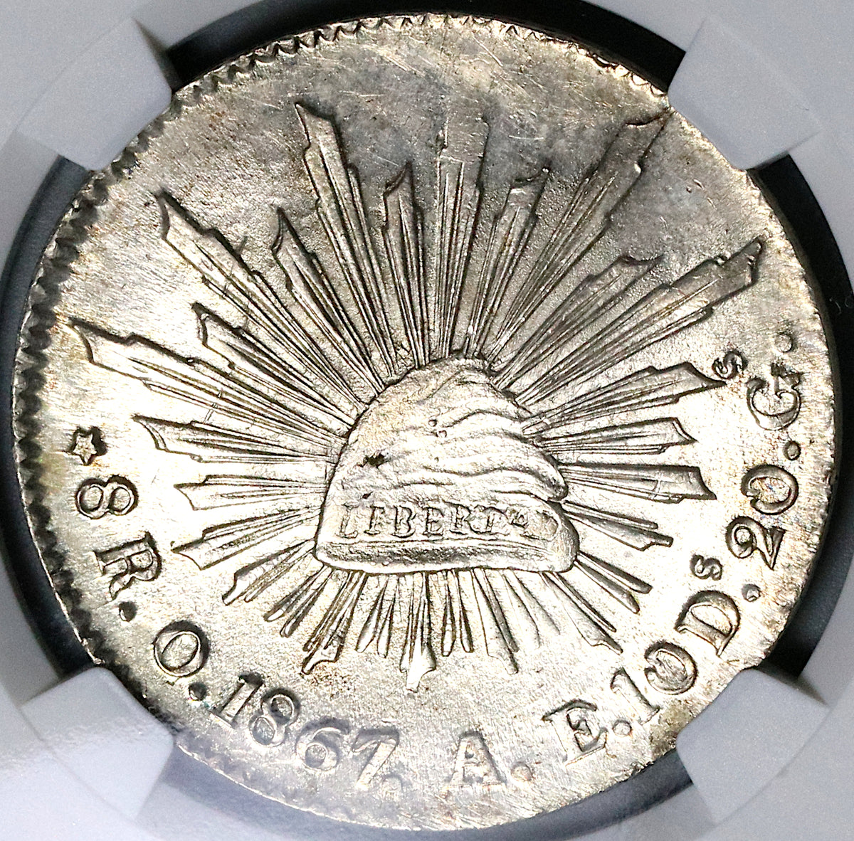 1867-O NGC MS 63 Mexico 8 Reales Oaxaca Mint State Rare Cap Rays