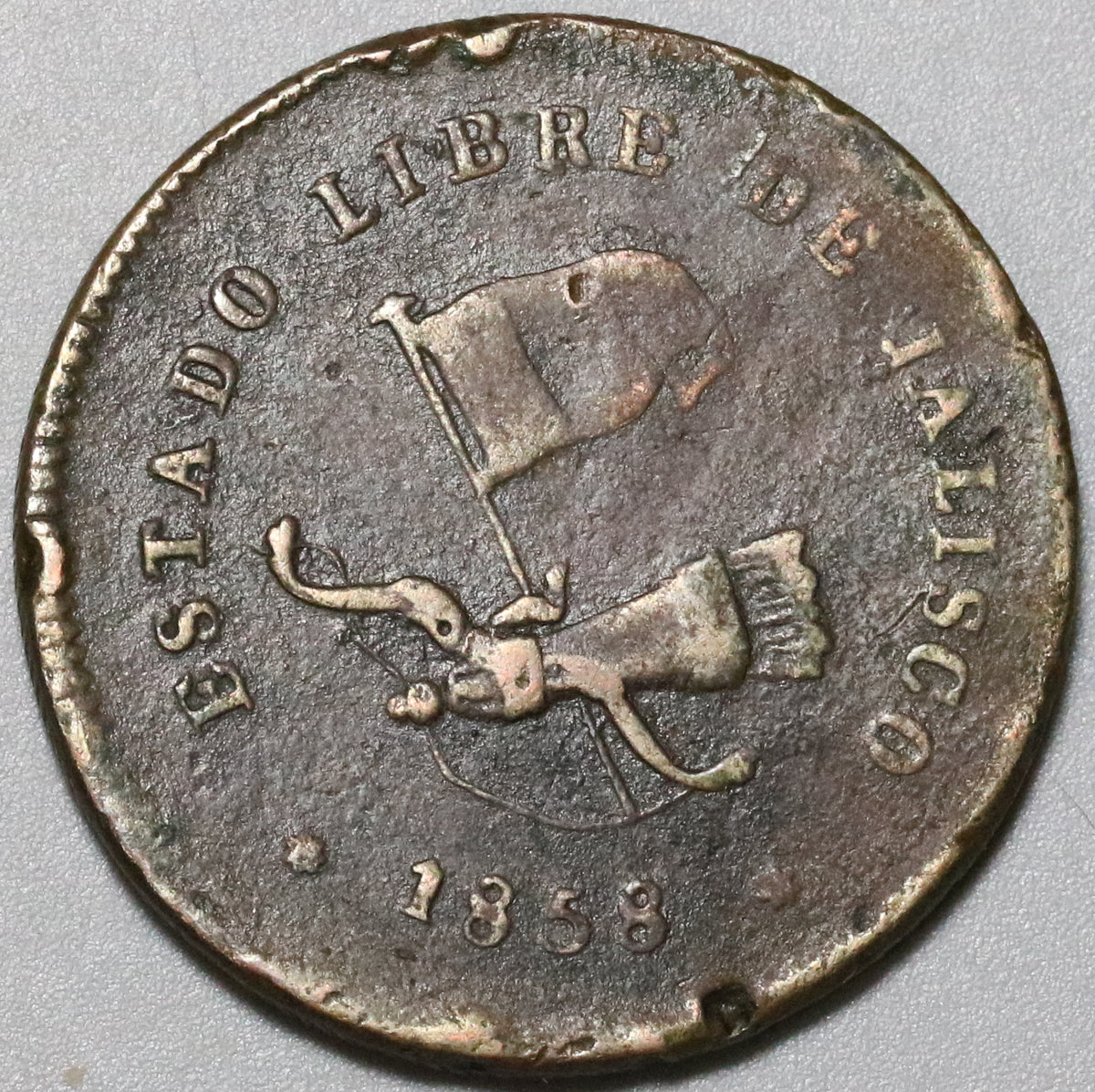 1858 Mexico Jalisco 1/4 Real Una Cuartilla VF Large Copper Coin