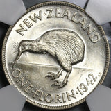 1942 NGC AU 58 New Zealand Silver Florin Kiwi Bird Key Date Coin (21021806C)