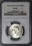 1942 NGC AU 58 New Zealand Silver Florin Kiwi Bird Key Date Coin (21021806C)