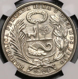1924/824 NGC AU 58 Peru 1 Sol Silver Error Seated Liberty Philadelphia Coin (21012701C)