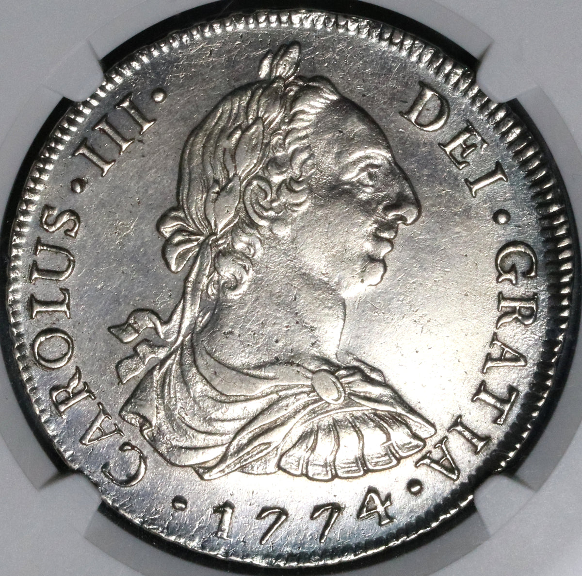 1774 NGC AU Peru 8 Reales Charles III Lima Pillars Silver Dollar