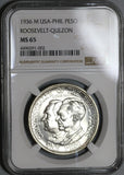1936 NGC MS 65 Philippines Roosevelt Quezon 1 Peso Silver Commonwealth Commemorative Coin (20011402C)