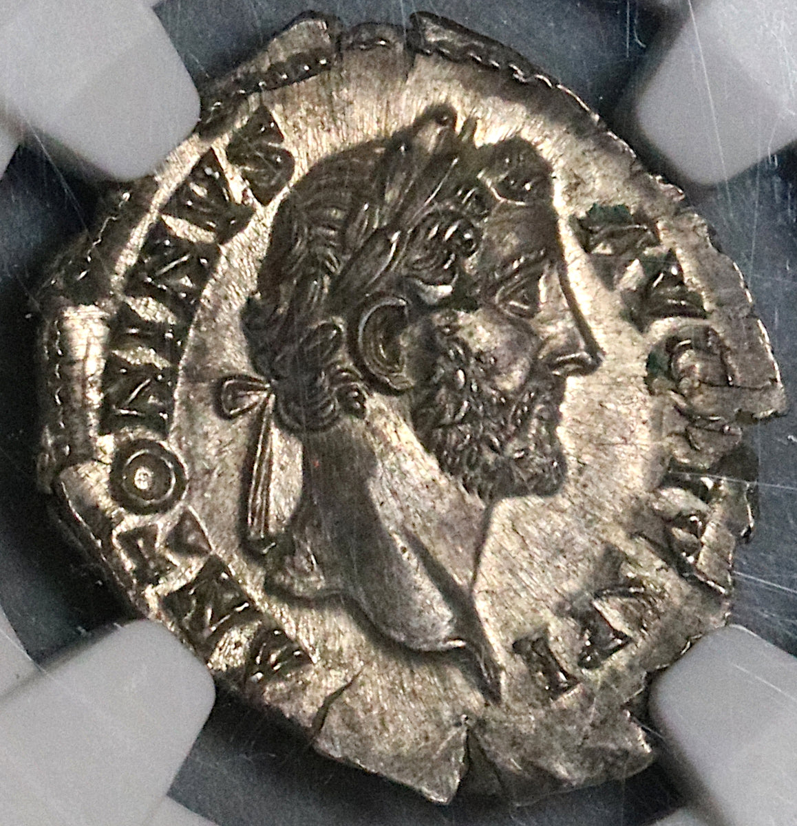 145 NGC MS Antoninus Pius Roman Empire Denarius Thunderbolt Throne