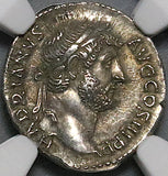 136 NGC AU Hadrian Denarius Roman Empire Romulus King Trophy Spear Coin (23012001C)