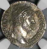 136 NGC AU Hadrian Denarius Roman Empire Romulus King Trophy Spear Coin (23012001C)