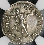 136 NGC AU Hadrian Denarius Roman Empire Romulus King Trophy Spear Coin (23012001C)