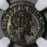 194 NGC AU Septimius Severus Denarius Roman Empire Emesa Trophy Arms Legend Error (20050602C)