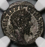 194 NGC AU Septimius Severus Denarius Roman Empire Emesa Trophy Arms Legend Error (20050602C)