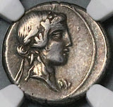 90 BC NGC Ch F Titius AR Denarius Roman Republic Pegasus Bacchus Liber Silver (23032602C)