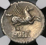 90 BC NGC Ch F Titius AR Denarius Roman Republic Pegasus Bacchus Liber Silver (23032602C)