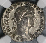 106 NGC Ch AU Trajan Roman Empire Denarius Parthian Victory Captive Trophy Pedigree (21121401C)