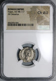 106 NGC Ch AU Trajan Roman Empire Denarius Parthian Victory Captive Trophy Pedigree (21121401C)