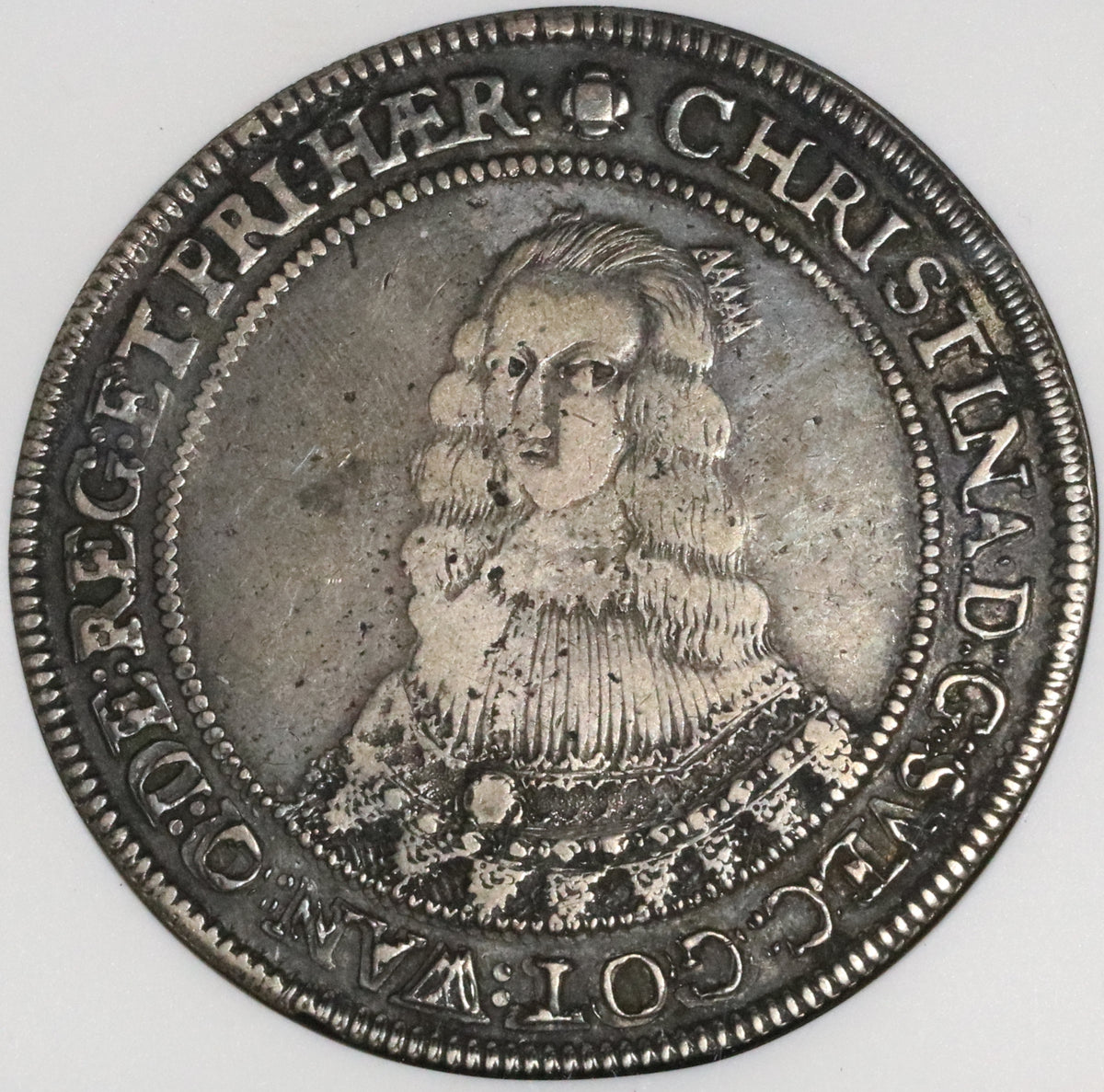1652 NGC VF 25 Sweden Christina Riksdaler Silver Crown Christ Coin