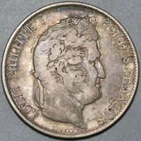 1844-BB France 5 Francs Louis Philippe I AVF Strasbourg Mint Silver Coin (24010703R)