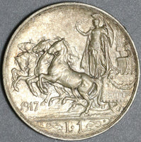 1917 Italy 1 Lira AU Horses Chariot Quadriga Rome Mint Silver Coin (23112803R)
