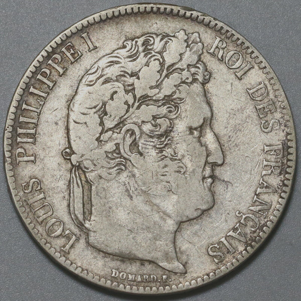1837-BB France 5 Francs VF Louis Philippe I Silver Strasbourg Coin (24010401R)