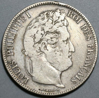 1837-K France 5 Francs Louis Philippe I Silver Bordeaux Crown Coin (24010403R)