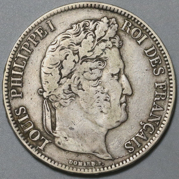 1837-MA France 5 Francs VF Louis Philippe I Silver Marseille Coin (24010402R)