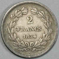 1834-BB France 2 Francs VF Louis Philippe I Strasbourg Mint 77K Silver Coin (23120303R)