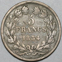 1834-M France 5 francs Louis Philippe VF Toulouse Mint Silver Coin (23112504R)