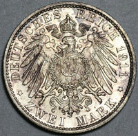 1911-D Bavaria Silver 2 Mark UNC Luitpold Birthday German State Silver Coin (23113003R)