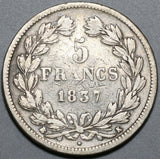 1837-K France 5 Francs Louis Philippe I Silver Bordeaux Crown Coin (24010403R)