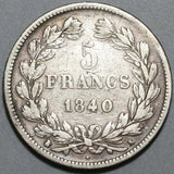 1840-K France 5 Francs VF Louis Philippe I Silver Bordeaux Crown Coin (24010404R)