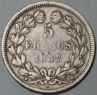 1837-MA France 5 Francs VF Louis Philippe I Silver Marseille Coin (24010402R)