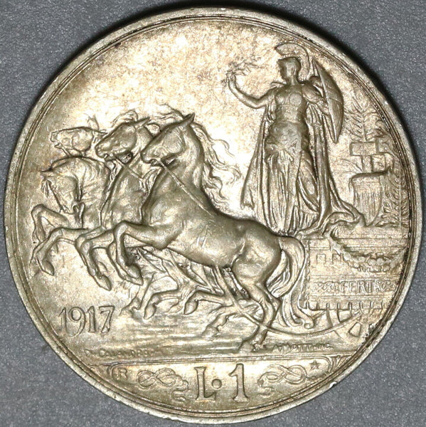 1917 Italy 1 Lira AU Horses Chariot Quadriga Rome Mint Silver Coin (23112803R)