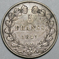 1847-A France 5 Francs XF Louis Philippe I Paris Mint Crown Silver Coin (24010704R)