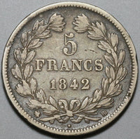 1842-BB France 5 Francs Louis Philippe I Silver Crown Strasbourg Coin (23112505R)