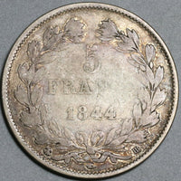 1844-BB France 5 Francs Louis Philippe I AVF Strasbourg Mint Silver Coin (24010703R)