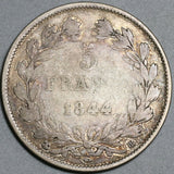 1844-BB France 5 Francs Louis Philippe I AVF Strasbourg Mint Silver Coin (24010703R)