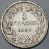 1837-BB France 5 Francs VF Louis Philippe I Silver Strasbourg Coin (24010401R)