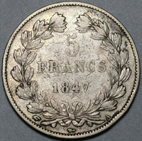 1847-A France 5 Francs VF Louis Philippe Paris Silver Crown Coin (24042403R)