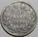 1834-L France 5 francs AVF Louis Philippe Rare Bayonne Mint Silver Coin (24010302R)
