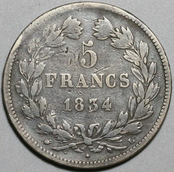 1834-L France 5 francs AVF Louis Philippe Rare Bayonne Mint Silver Coin (24010302R)