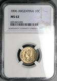 1896 NGC MS 62 Argentina 10 Centavos Rare Key Liberty Head Coin POP 2/2 (23053102C)