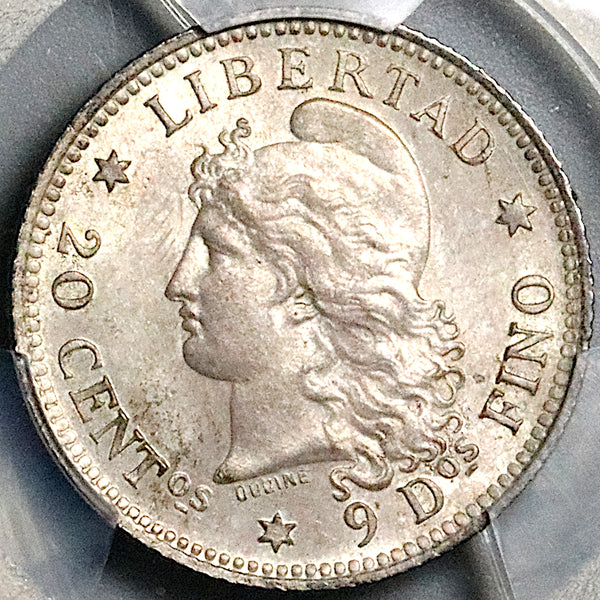 1883/2 PCGS MS 64 Argentina  20 Centavos Inverted 2 Silver Coin POP 1/0 (24111901C)