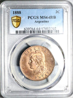 1888 PCGS MS 64 RB Argentina 2 Centavos Liberty 659k Key Coin POP 4/0 (24092402D)