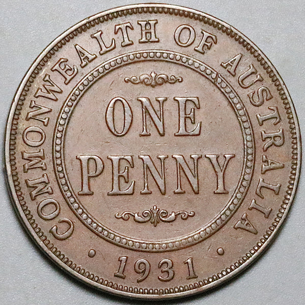 1931 Australia 1 Penny XF English Obverse Dropped 1 George V Key Date Coin (25092301R)