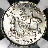 1953 NGC MS 65 Australia 6 Pence Elizabeth II Key Date Gem Silver Coin (17011701D)