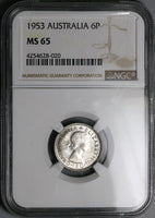 1953 NGC MS 65 Australia 6 Pence Elizabeth II Key Date Gem Silver Coin (17011701D)